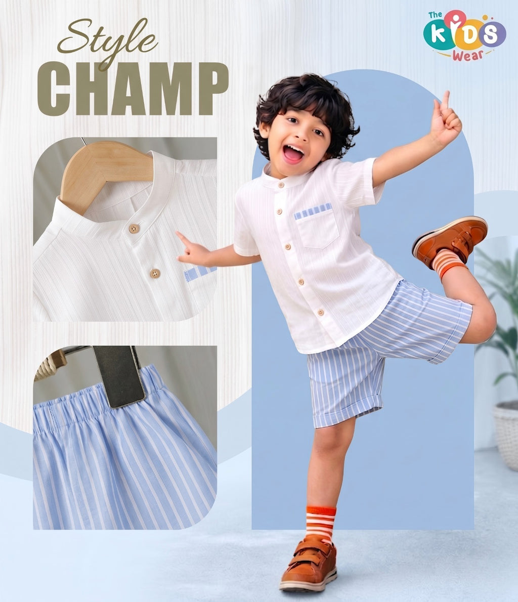 Boys Popcorn Shirt & Striped  blue Shorts Set (Mandarin Collar)