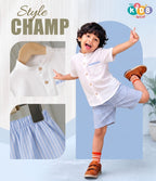 Boys Popcorn Shirt & Striped  blue Shorts Set (Mandarin Collar)