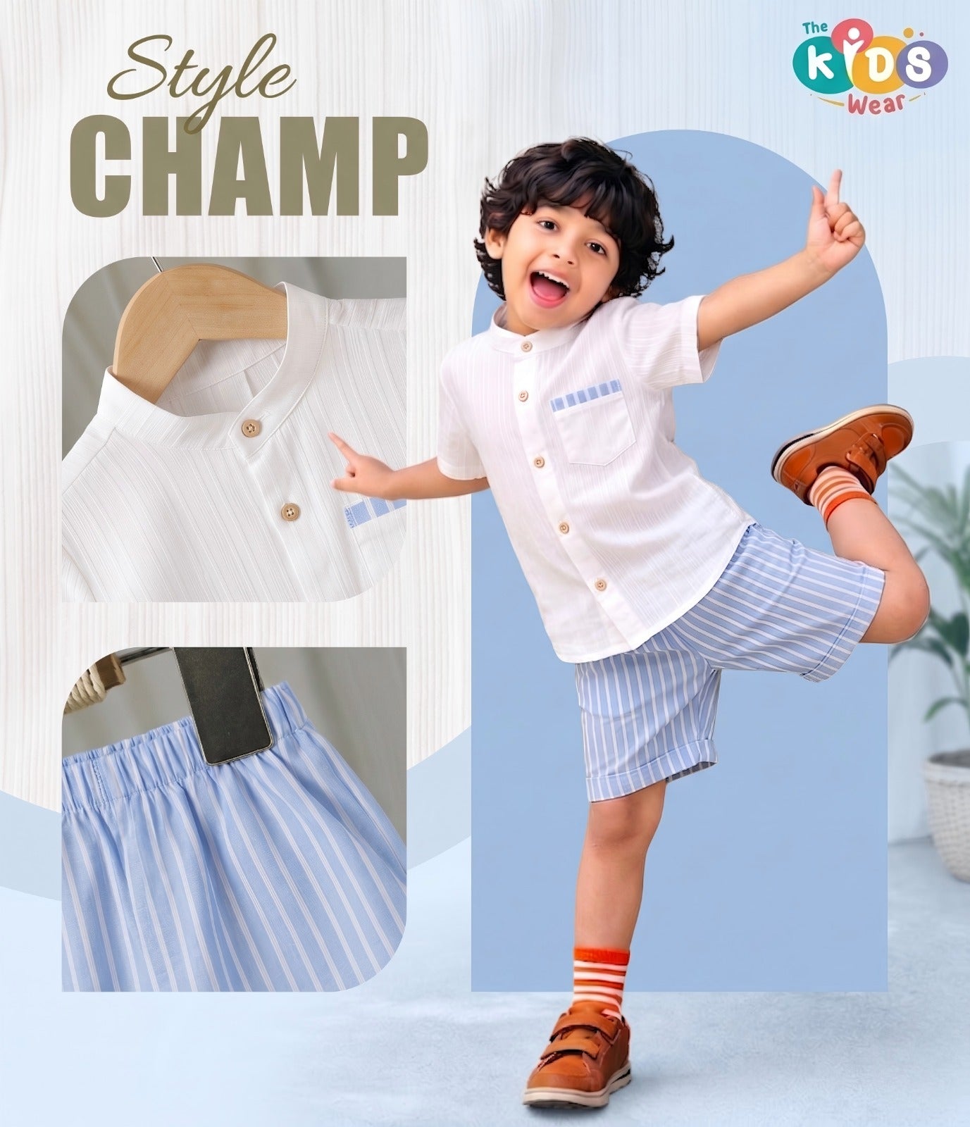Boys Popcorn Shirt & Striped  blue Shorts Set (Mandarin Collar)