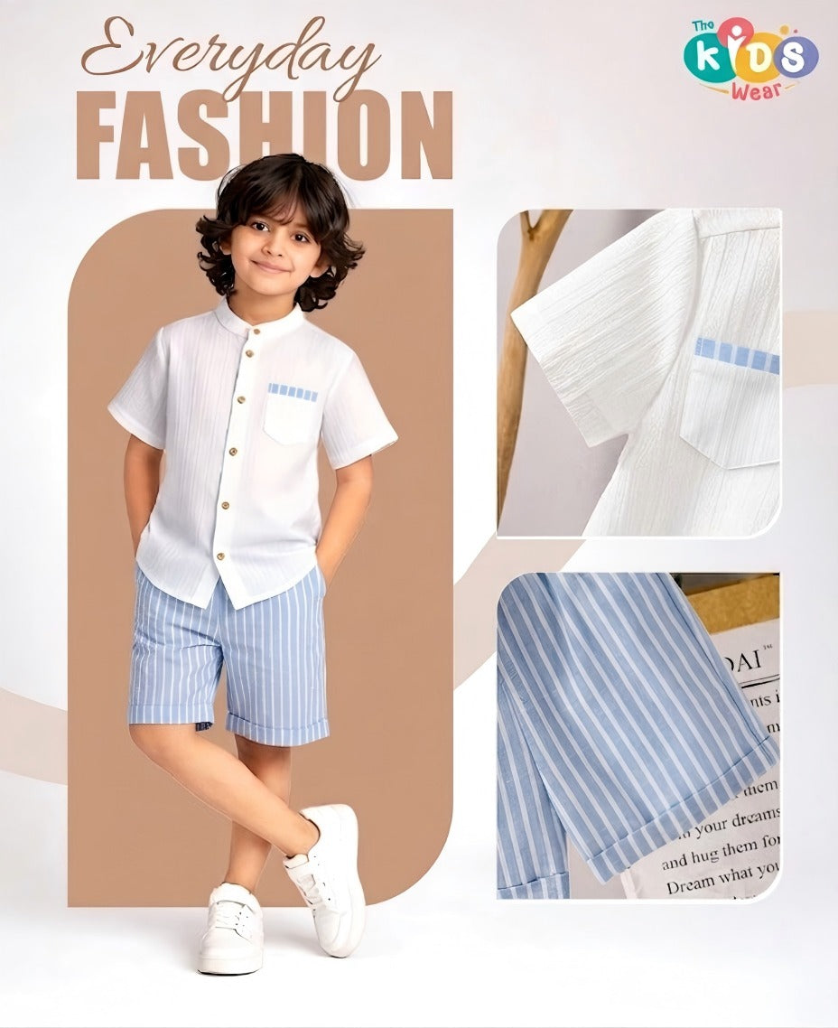 Boys Popcorn Shirt & Striped  blue Shorts Set (Mandarin Collar)