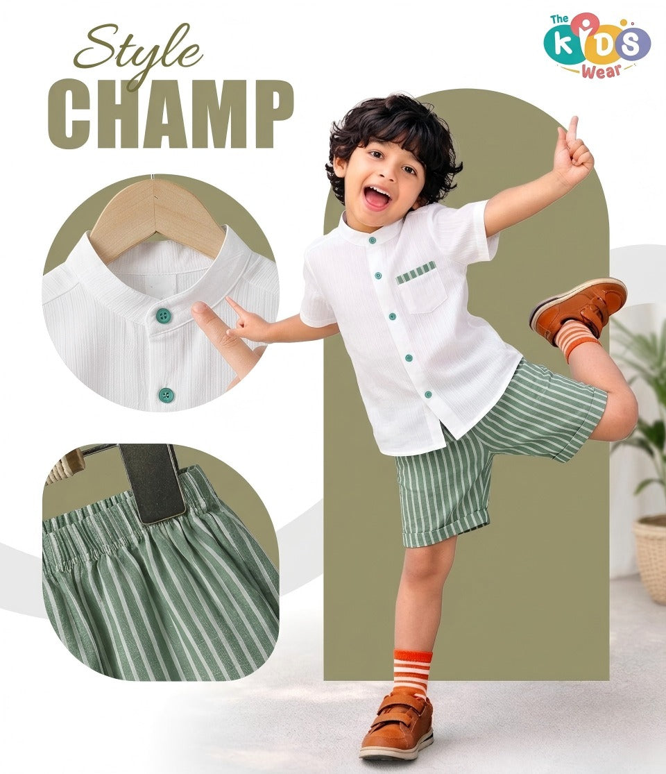 Boys Popcorn Shirt & Striped  Green Shorts Set