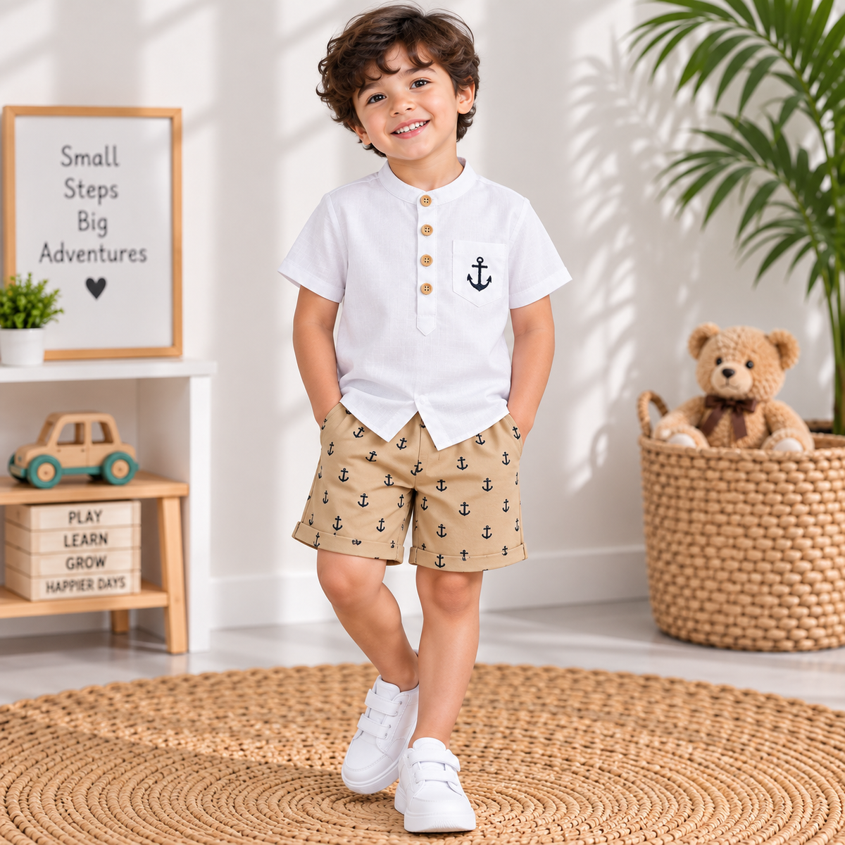 Boys Black Shirt & Beige Anchor Shorts Set | TheKidsWear