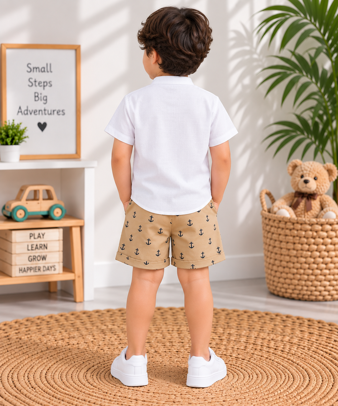 Boys White Shirt & Beige Anchor Print Shorts Set | TheKidsWear