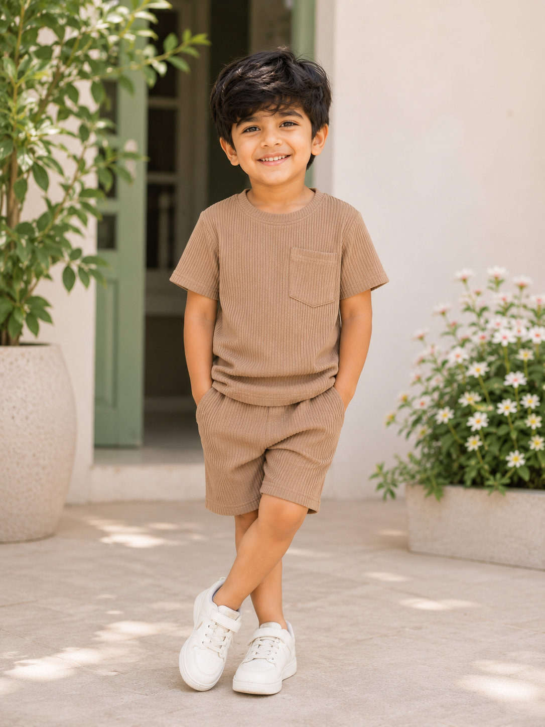 Boys Cream Hosiery Cotton T-shirt & Shorts Set
