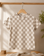 Boys Beige Checkered Cotton Co-Ord Set | Half Sleeve T-Shirt & Elastic Waist Shorts