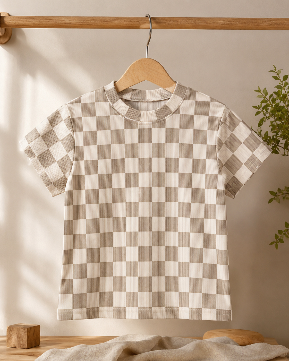 Boys Beige Checkered Cotton Co-Ord Set | Half Sleeve T-Shirt & Elastic Waist Shorts