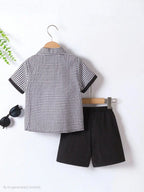 Boys Black & White Checkered Shirt with Black Shorts Set | Smart Casual Outfit