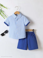 Boys Blue & White Checkered Shirt with Blue Shorts Set | Smart Casual Outfit