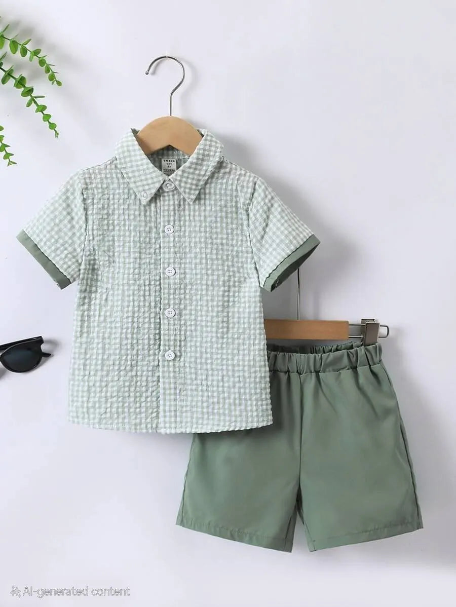 Boys Green & White Checkered Shirt with Blue Shorts Set | Smart Casual Outfit