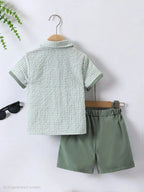 Boys Green & White Checkered Shirt with Blue Shorts Set | Smart Casual Outfit