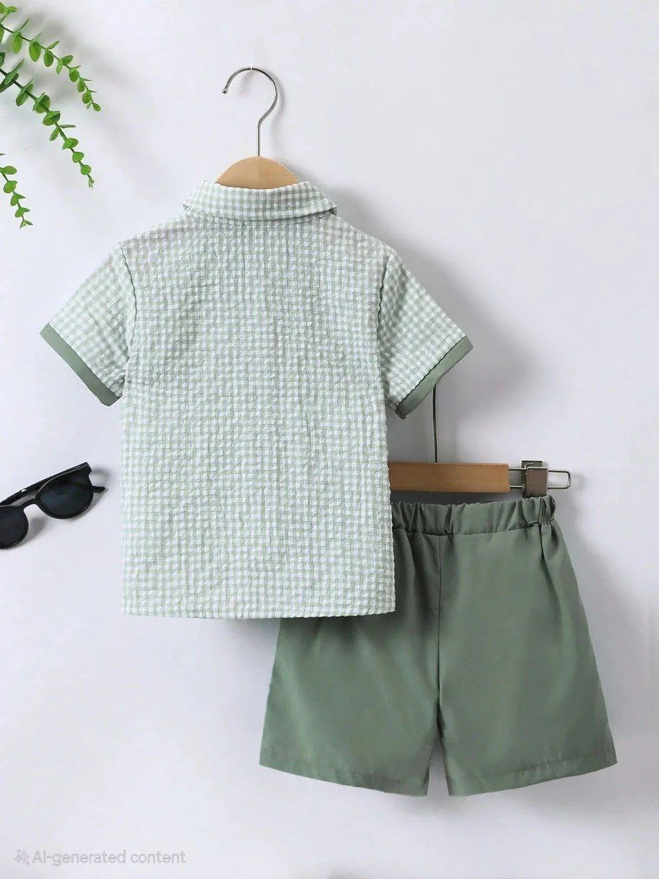 Boys Green & White Checkered Shirt with Blue Shorts Set | Smart Casual Outfit