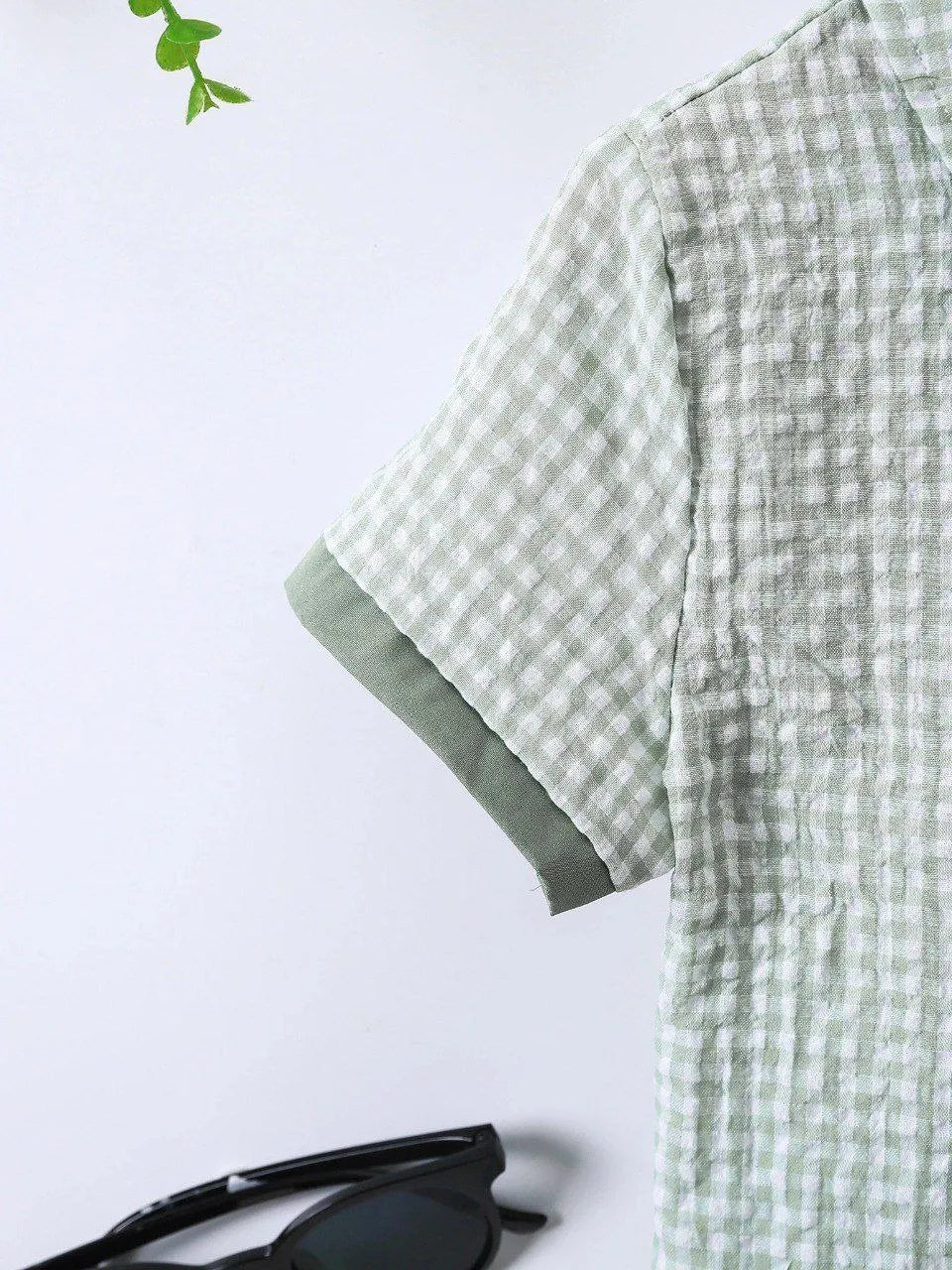 Boys Green & White Checkered Shirt with Blue Shorts Set | Smart Casual Outfit