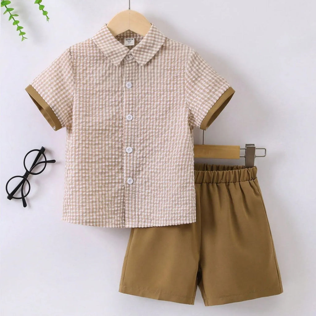 Boys Brown & White Checkered Shirt with Brown Shorts Set | Smart Casual Outfit