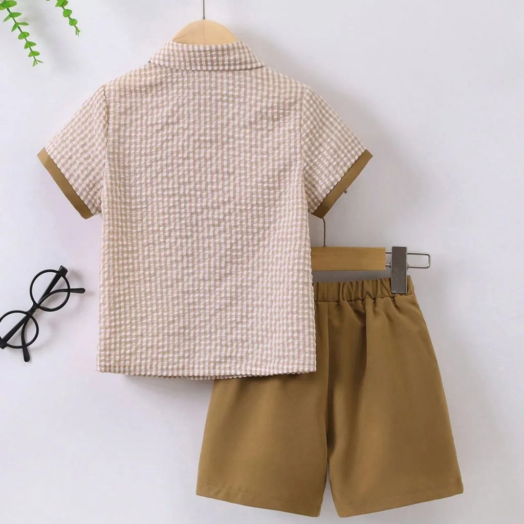 Boys Brown & White Checkered Shirt with Brown Shorts Set | Smart Casual Outfit