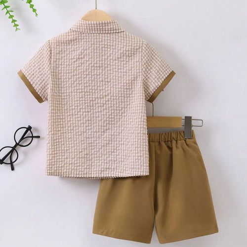 Boys Brown & White Checkered Shirt with Brown Shorts Set | Smart Casual Outfit