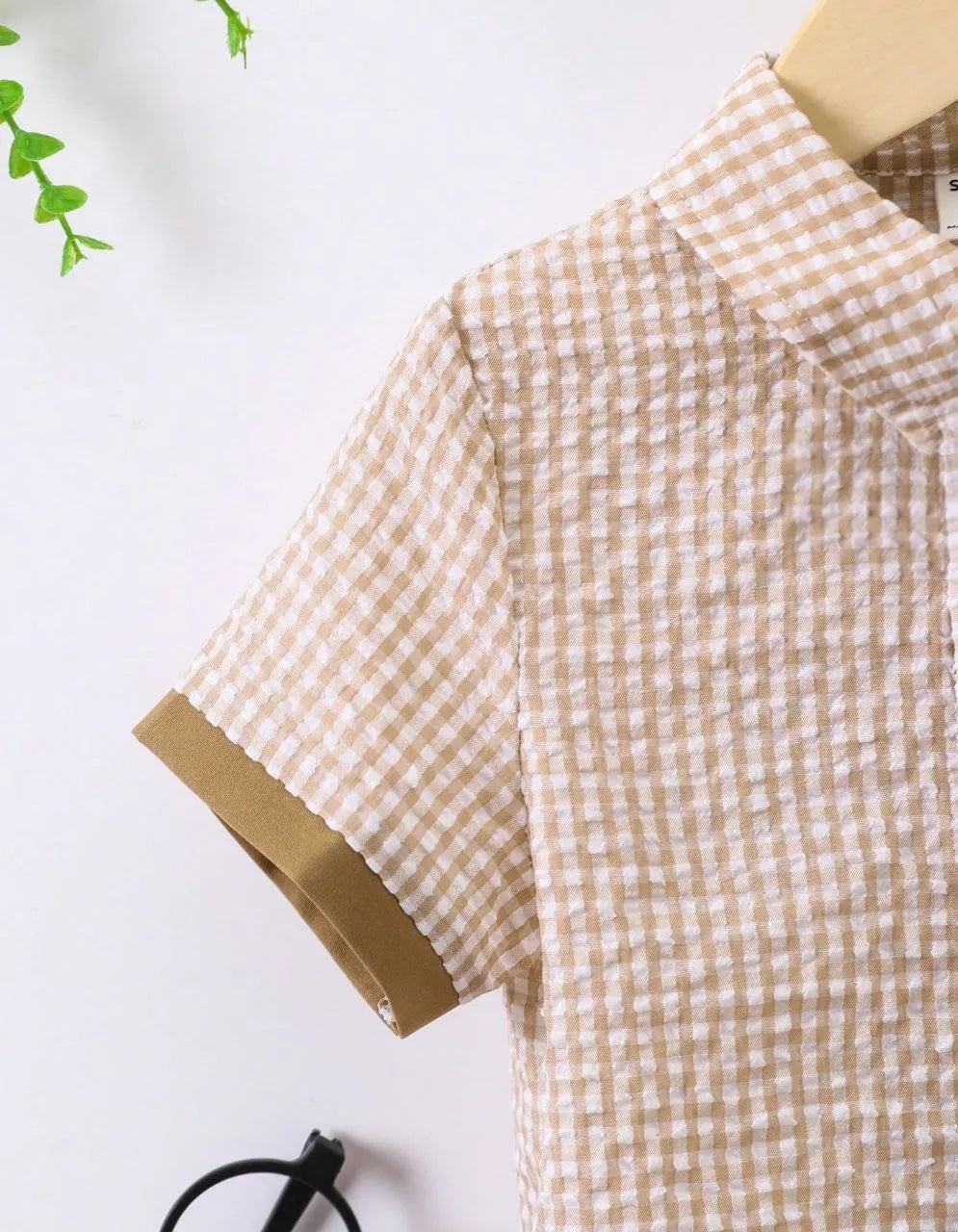 Boys Brown & White Checkered Shirt with Brown Shorts Set | Smart Casual Outfit