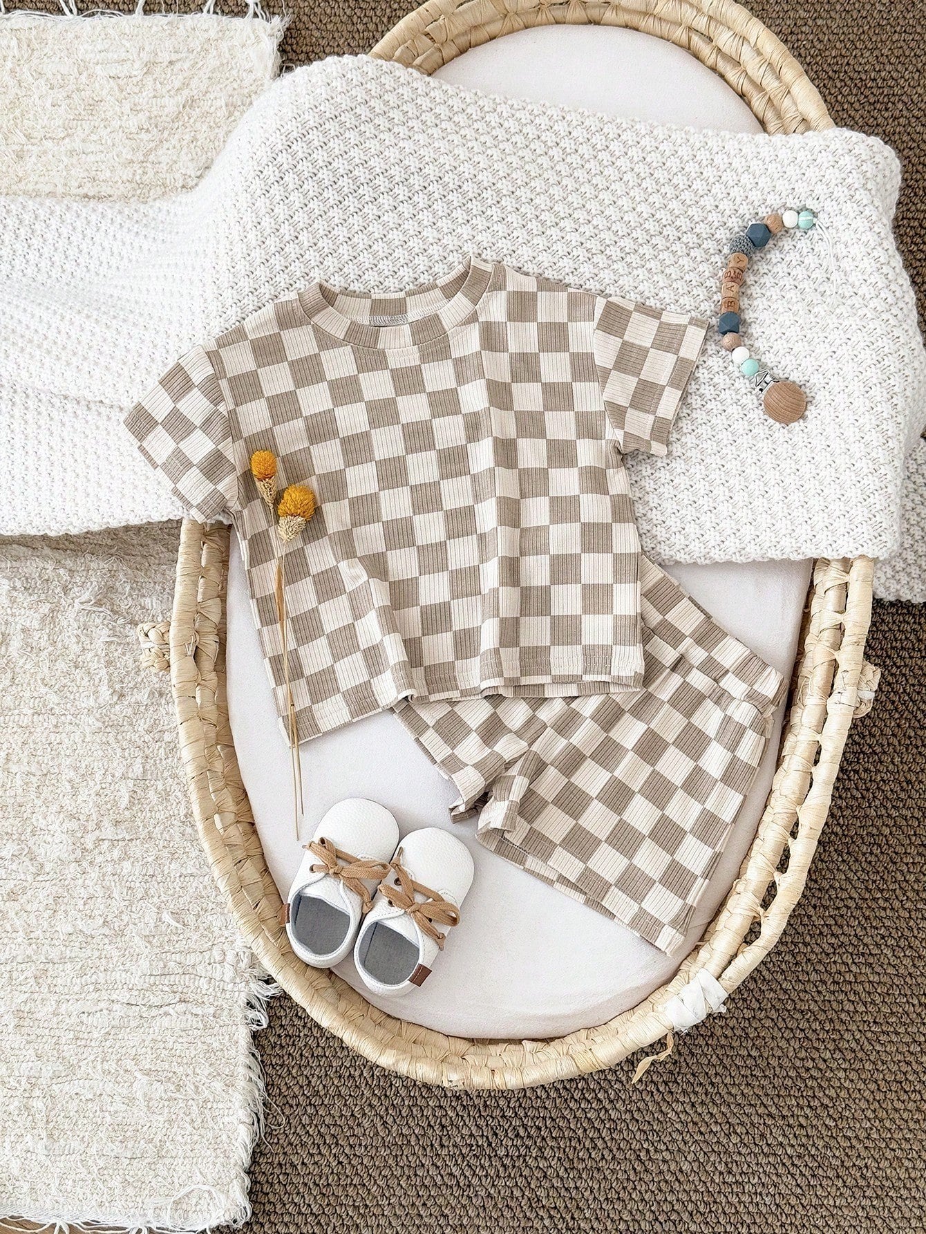 Boys Beige Checkered Cotton Co-Ord Set | Half Sleeve T-Shirt & Elastic Waist Shorts