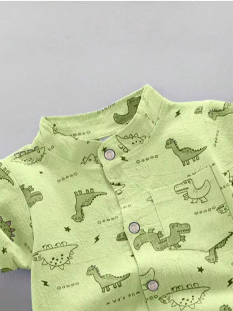 Boys Lime Green Dinosaur Print Shirt & Beige Shorts Co-Ord Set | Half Sleeve Summer Outfit