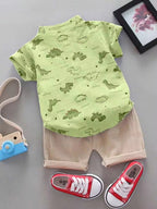 Boys Lime Green Dinosaur Print Shirt & Beige Shorts Co-Ord Set | Half Sleeve Summer Outfit