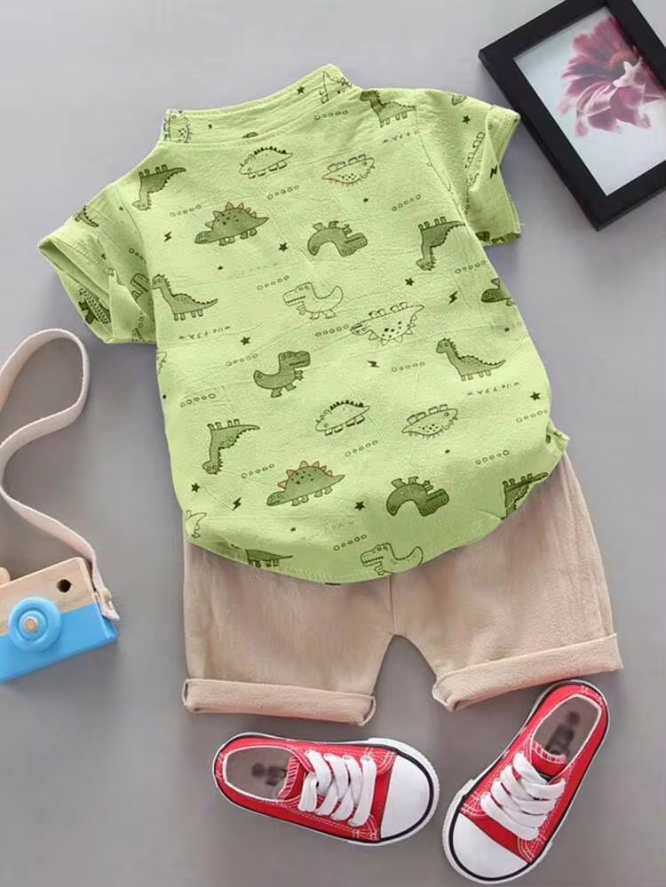 Boys Lime Green Dinosaur Print Shirt & Beige Shorts Co-Ord Set | Half Sleeve Summer Outfit