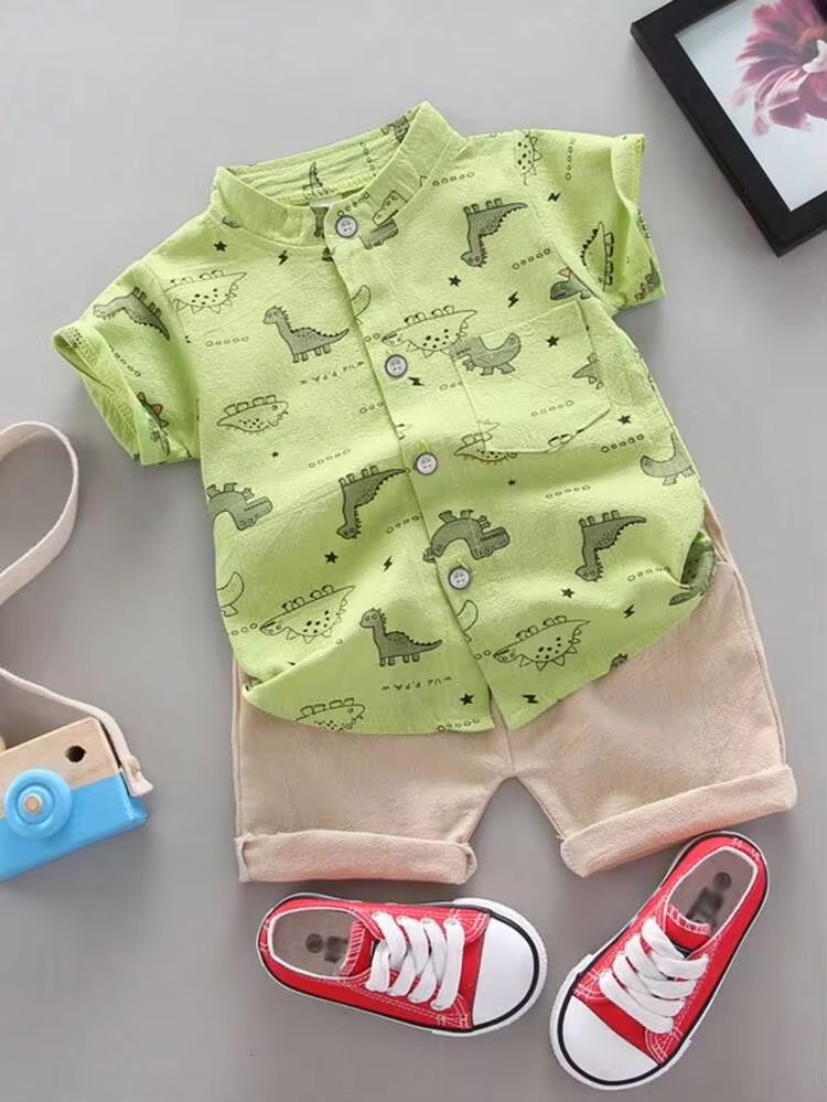 Boys Lime Green Dinosaur Print Shirt & Beige Shorts Co-Ord Set | Half Sleeve Summer Outfit