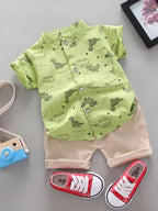 Boys Lime Green Dinosaur Print Shirt & Beige Shorts Co-Ord Set | Half Sleeve Summer Outfit