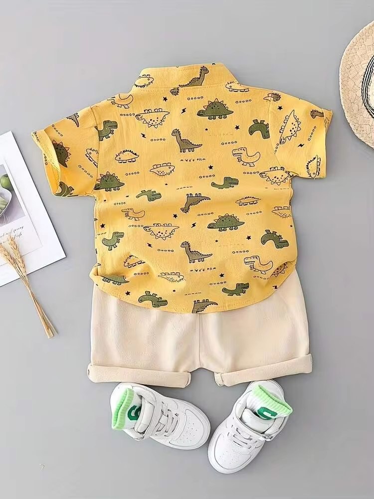 Boys Lime Yellow Dinosaur Print Shirt & Beige Shorts Co-Ord Set | Half Sleeve Summer Outfit