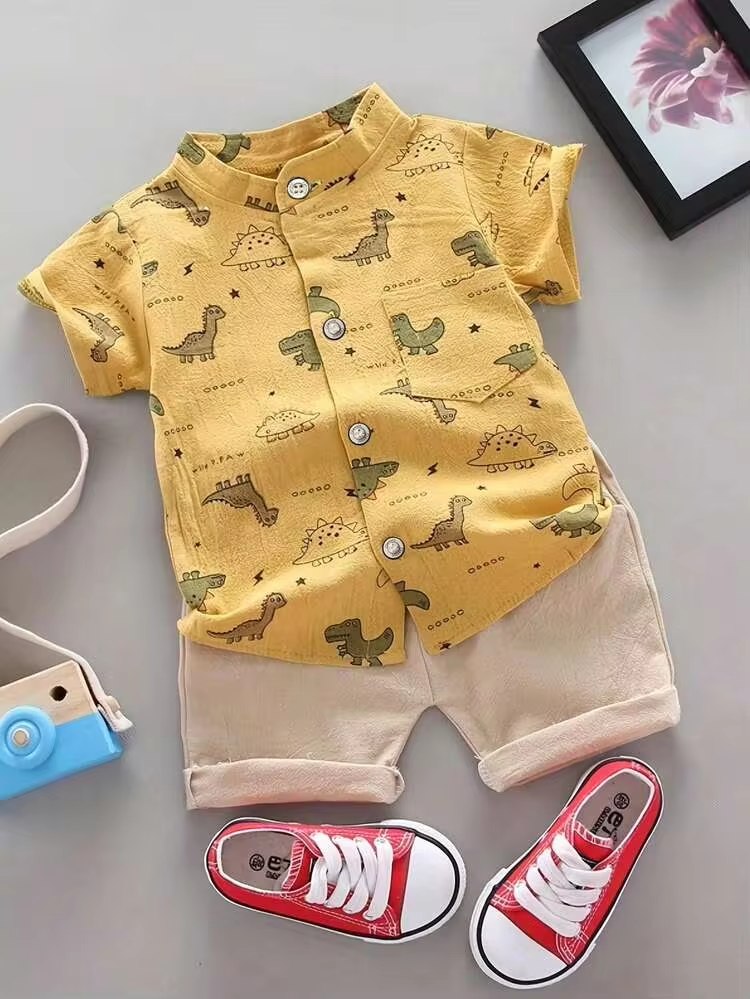 Boys Lime Yellow Dinosaur Print Shirt & Beige Shorts Co-Ord Set | Half Sleeve Summer Outfit