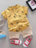 Boys Lime Yellow Dinosaur Print Shirt & Beige Shorts Co-Ord Set | Half Sleeve Summer Outfit