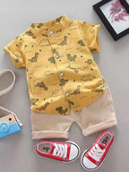 Boys Lime Yellow Dinosaur Print Shirt & Beige Shorts Co-Ord Set | Half Sleeve Summer Outfit