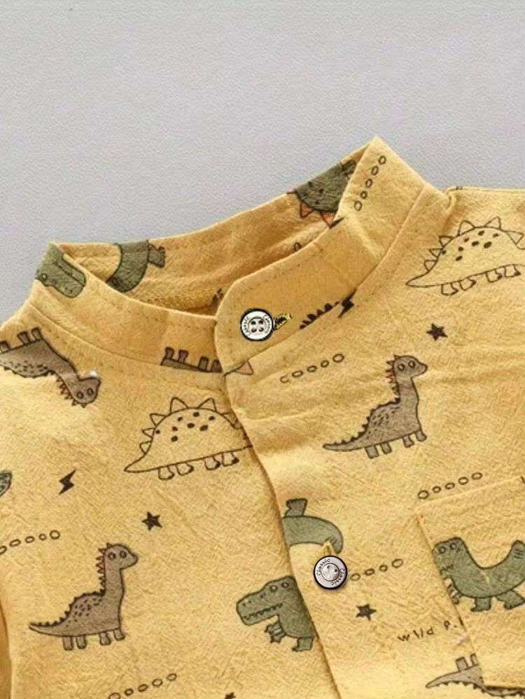 Boys Lime Yellow Dinosaur Print Shirt & Beige Shorts Co-Ord Set | Half Sleeve Summer Outfit