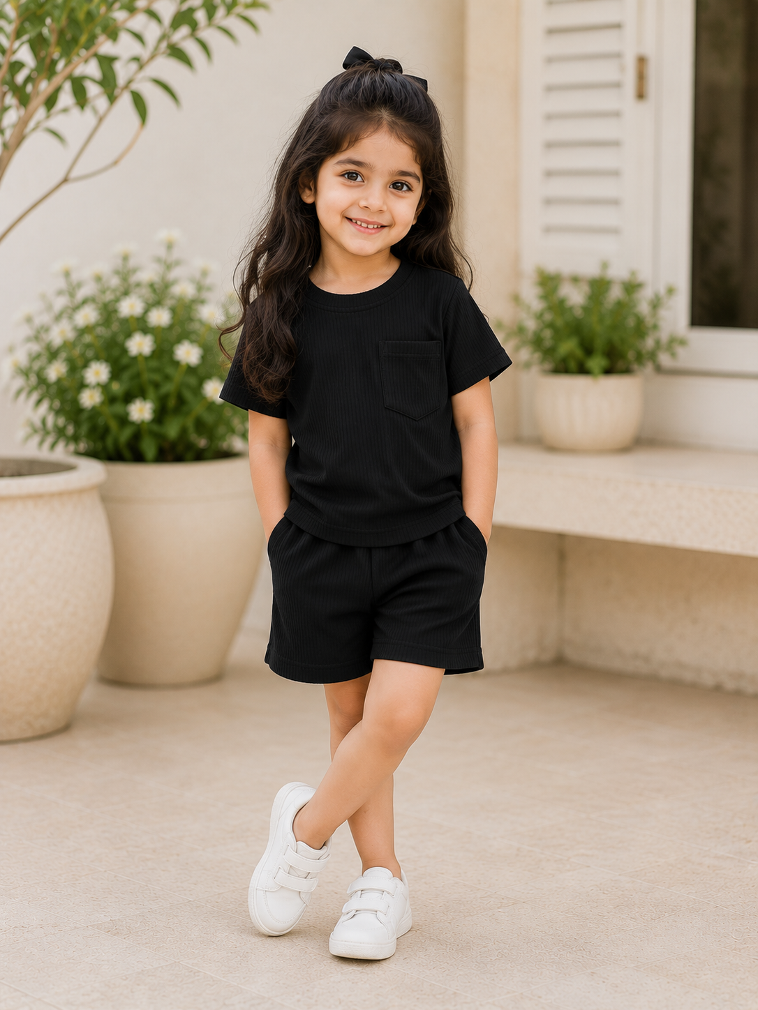 Girls Black Cotton T-shirt & Shorts Set