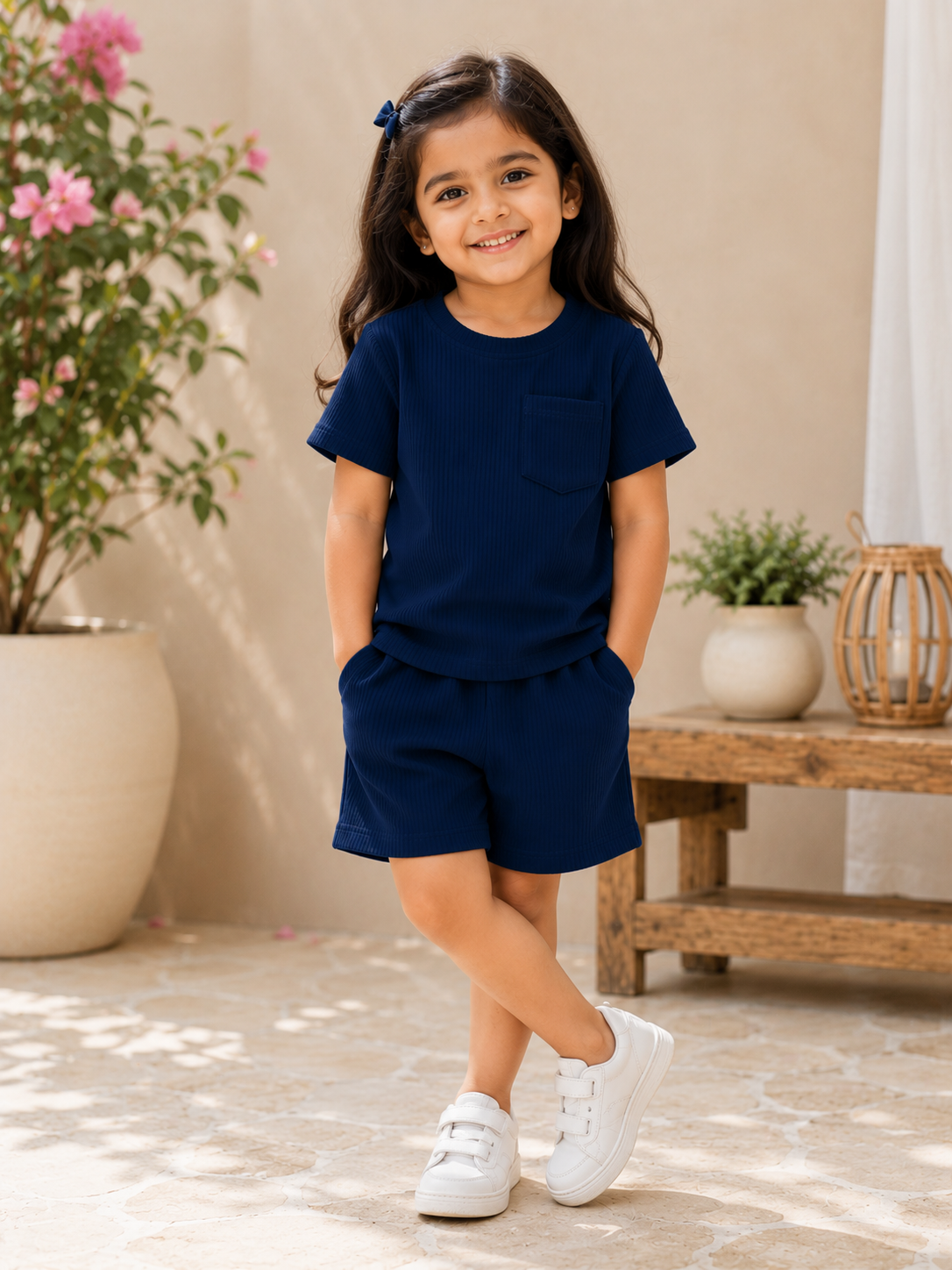 Girls Navy Cotton T-shirt & Shorts Set