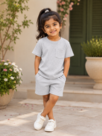 Girls Gray Cotton T-shirt & Shorts Set