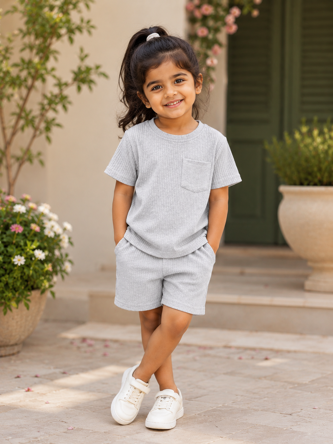 Girls Gray Cotton T-shirt & Shorts Set