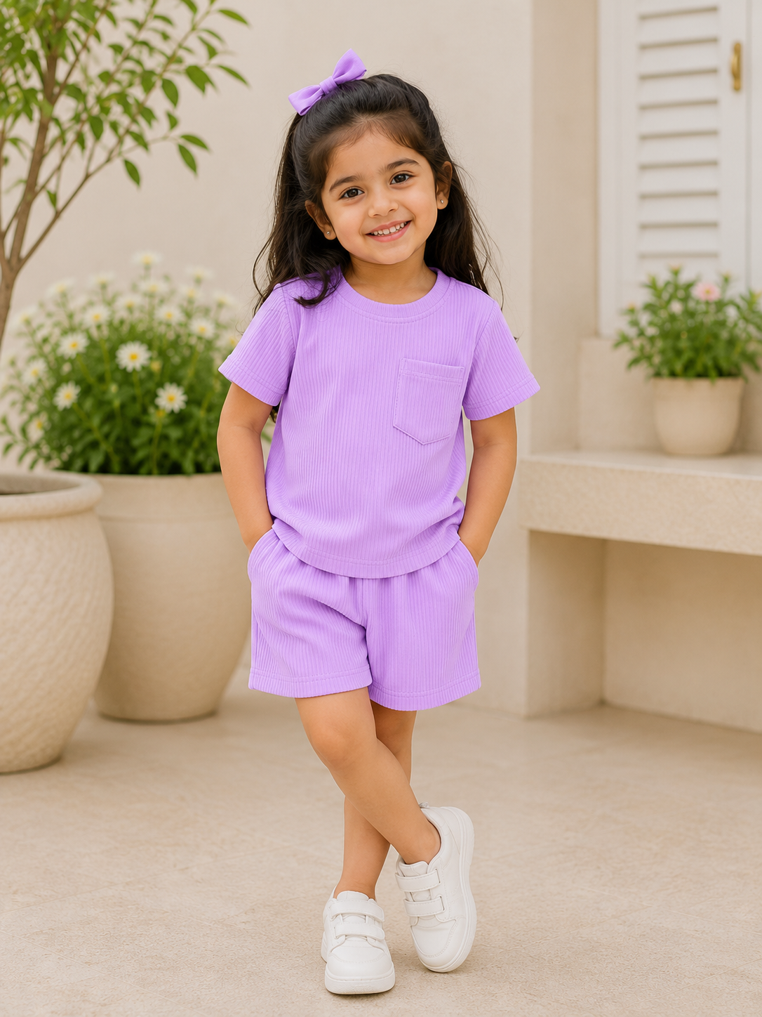 Girls Purple Cotton T-shirt & Shorts Set