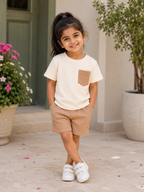 Girls White Cotton T-shirt & Cream Shorts Set