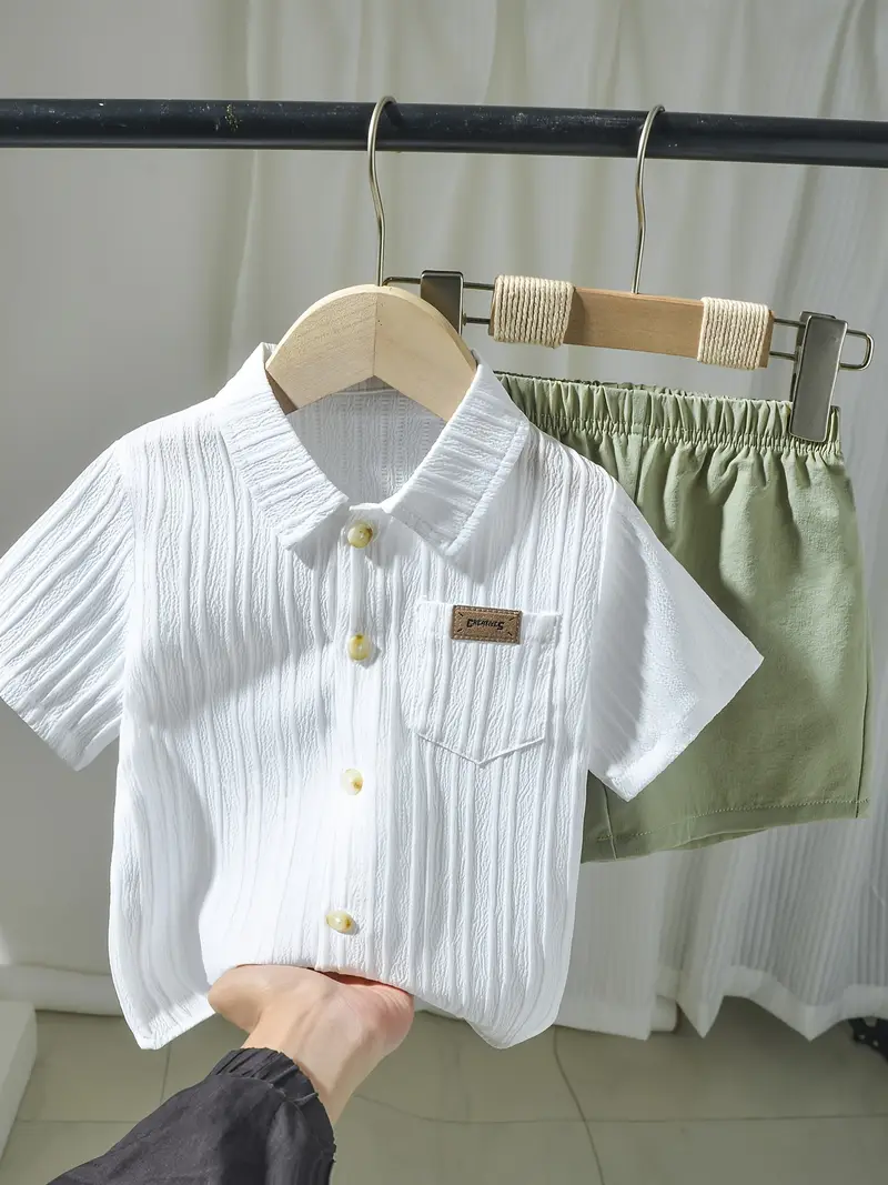 Boys White Crinkle Textured Shirt & Solid Sage Green Shorts Set 
- Smart Casual Summer Wear for Boys | The Kidswear