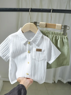 Boys White Crinkle Textured Shirt & Solid Sage Green Shorts Set 
- Smart Casual Summer Wear for Boys | The Kidswear