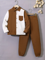 Boys Brown & White Colour Block Corduroy Texture Full Sleeve 
Spread Collar Shirt with Chest Pocket & Solid Brown Elastic 
Waist Full Length Pants Set - Smart Casual Winter Wear for 
Boys | The Kidswear
