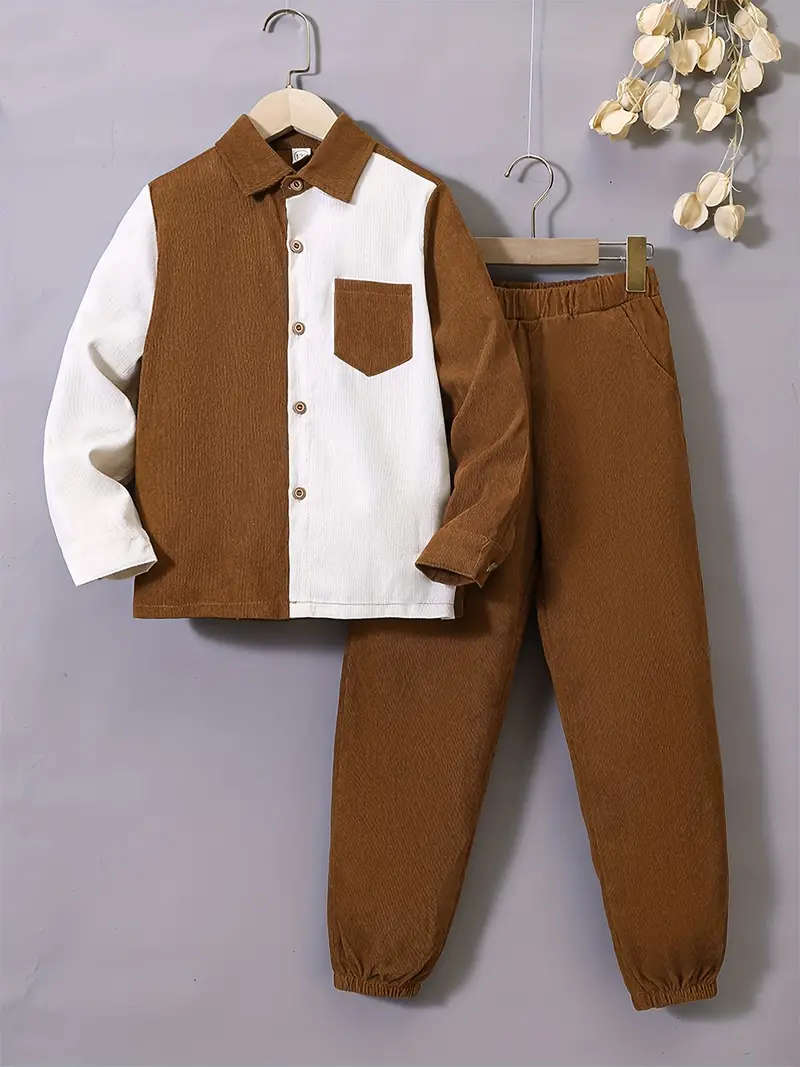 Boys Brown & White Colour Block Corduroy Texture Full Sleeve 
Spread Collar Shirt with Chest Pocket & Solid Brown Elastic 
Waist Full Length Pants Set - Smart Casual Winter Wear for 
Boys | The Kidswear