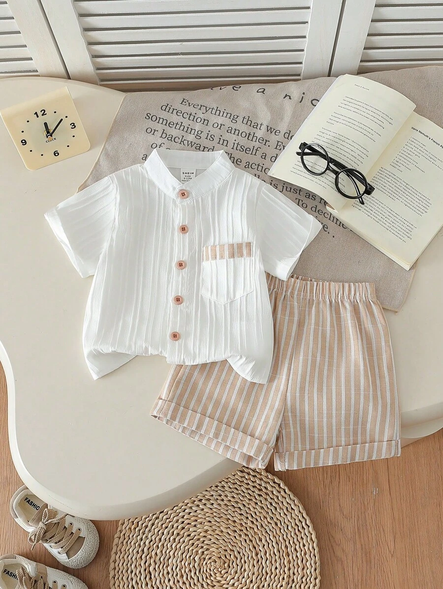 Boys White Linen Mandarin Collar Shirt & Beige Striped Cuffed 
Shorts Set - Smart Casual Summer Wear for Boys | The Kidswear