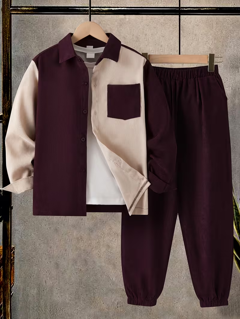 Boys Maroon & Cream Colour Block Ribbed Texture Full Sleeve 
Collar Shirt with Chest Pocket & Solid Maroon Elastic Waist 
Full Length Pants Set - Smart Casual Winter Wear for Boys | 
The Kidswear