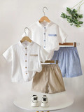 Boys White Crinkle Muslin Mandarin Collar Short Sleeve Shirt 
with Striped Chest Pocket & Matching Striped Cuffed Elastic 
Waist Shorts Set in Khaki & Blue Variants - Smart Casual 
Summer Wear for Boys | The Kidswear