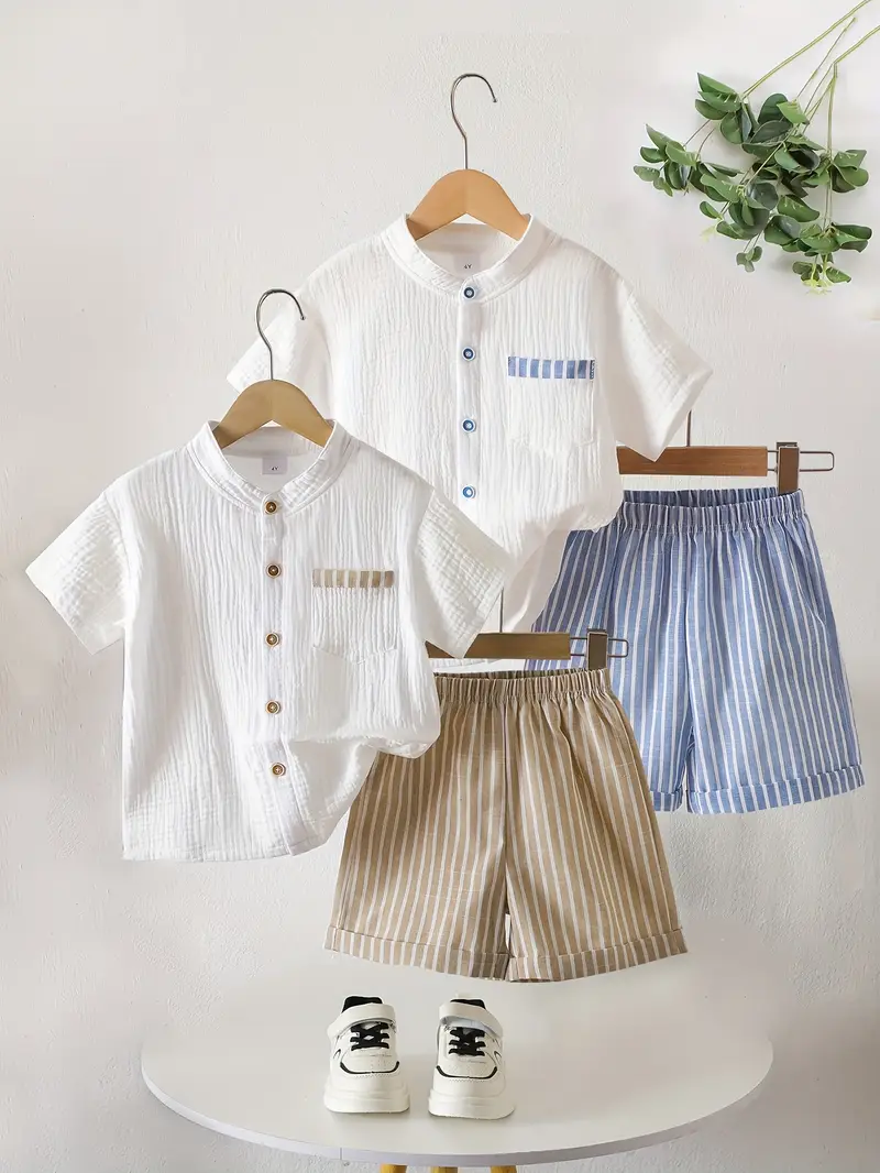Boys White Crinkle Muslin Mandarin Collar Short Sleeve Shirt 
with Striped Chest Pocket & Matching Striped Cuffed Elastic 
Waist Shorts Set in Khaki & Blue Variants - Smart Casual 
Summer Wear for Boys | The Kidswear