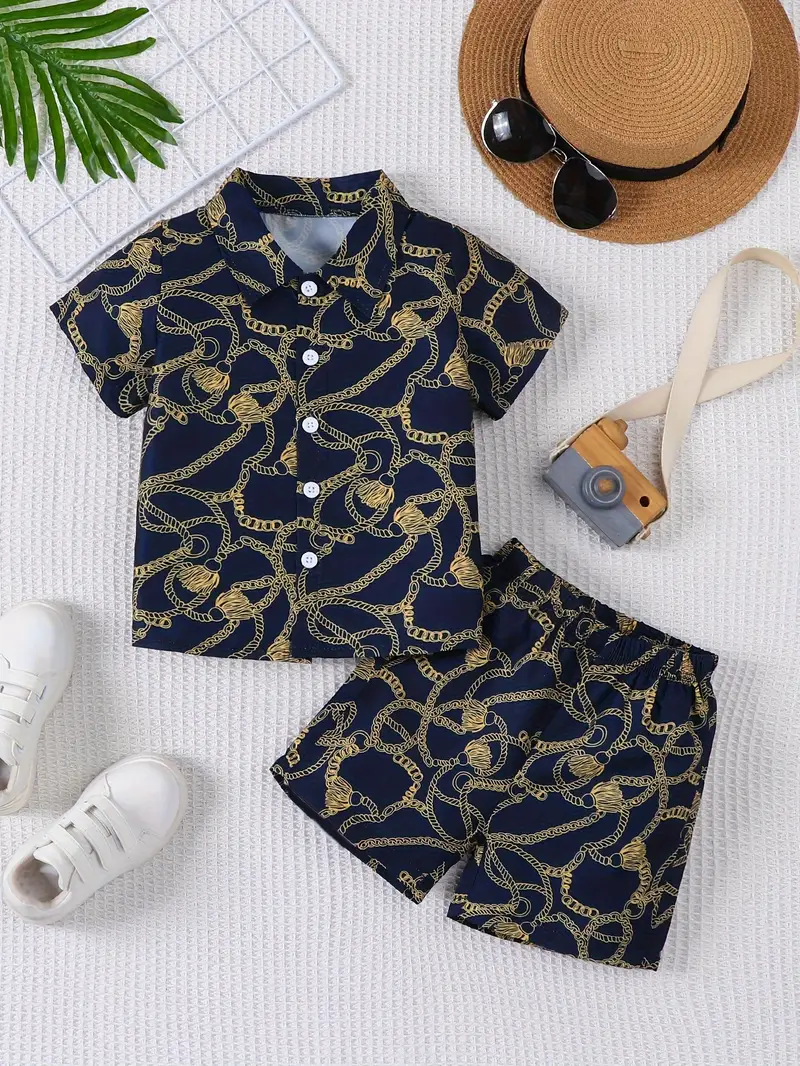 Boys Navy Blue & Gold All-Over Chain & Rope Print Short 
Sleeve Spread Collar Shirt with White Buttons & Matching 
Elastic Waist Shorts Co-ord Set - Trendy Summer Wear for 
Boys | The Kidswear