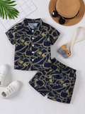 Boys Navy Blue & Gold All-Over Chain & Rope Print Short 
Sleeve Spread Collar Shirt with White Buttons & Matching 
Elastic Waist Shorts Co-ord Set - Trendy Summer Wear for 
Boys | The Kidswear