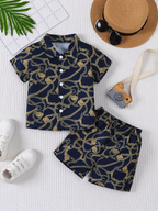 Boys Navy Blue & Gold All-Over Chain & Rope Print Short 
Sleeve Spread Collar Shirt with White Buttons & Matching 
Elastic Waist Shorts Co-ord Set - Trendy Summer Wear for 
Boys | The Kidswear