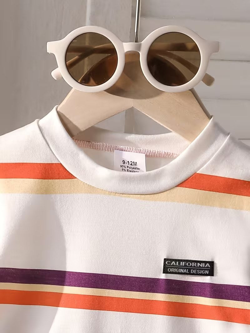 Kids White & Orange Striped T-Shirt & Shorts Co-Ord Set
