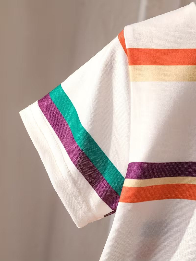 Kids White & Orange Striped T-Shirt & Shorts Co-Ord Set